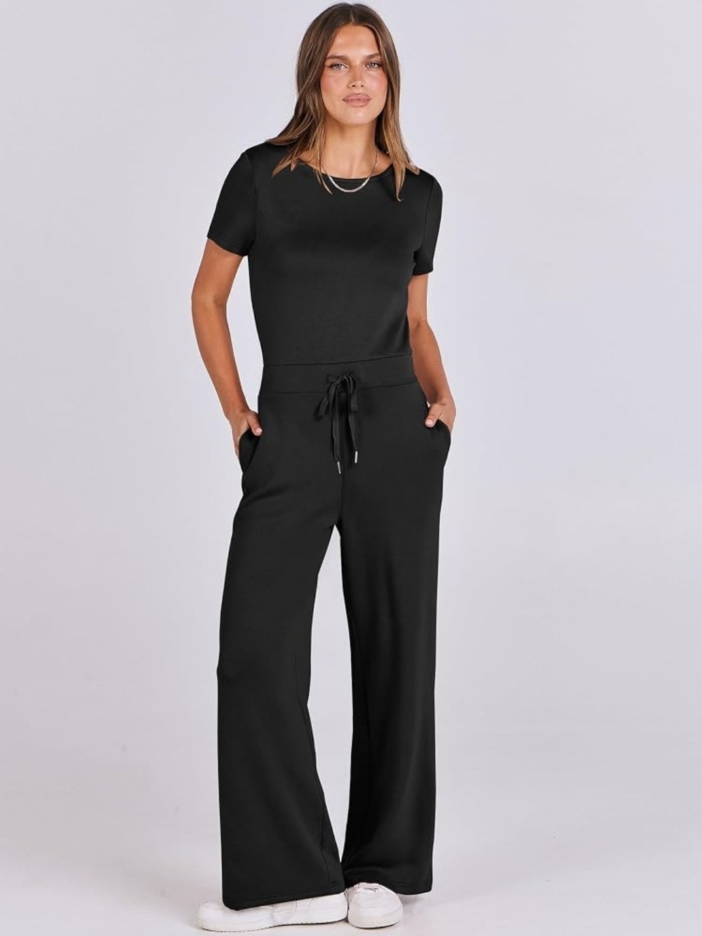 Classic Black Short-Sleeve Scuba Wide-Leg Jumpsuit Large